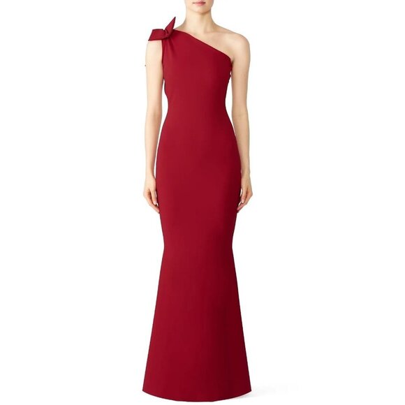 Chiara Boni Red Bow Shoulder Cutout Back Maxi Dress Gown
